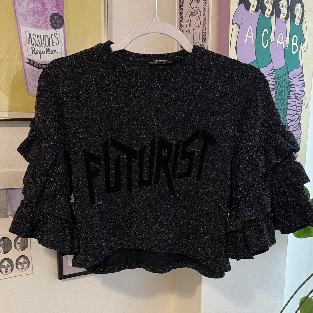Black Glitter Ruffle Sleeve Top